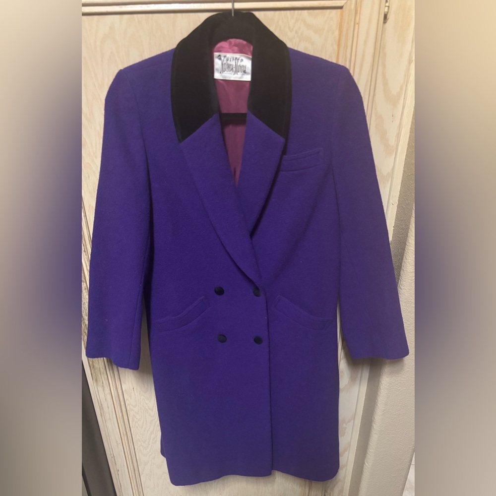 Neiman Marcus Wool Blend Lined Coat Sz 12 Purple Black Collar Double Breast